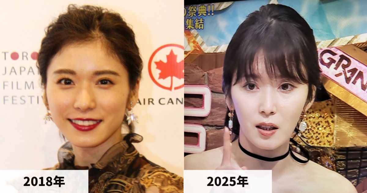 2018年と2025年の松岡茉優さんの顔の比較画像