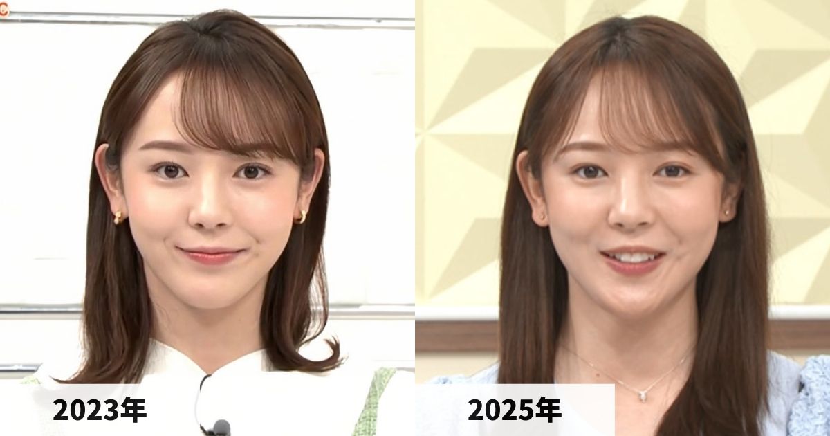 2023年と2025年の森千晴アナの顔の比較画像