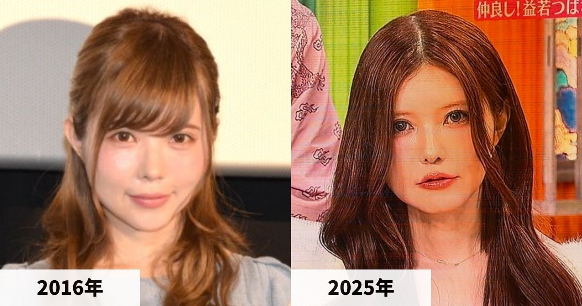 2016年と2025年の益若つばささんの顔の比較画像