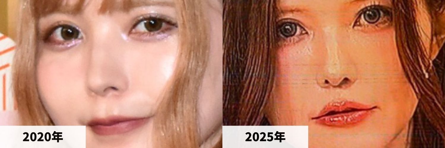2020年と2025年の益若つばささんの鼻と唇の比較画像