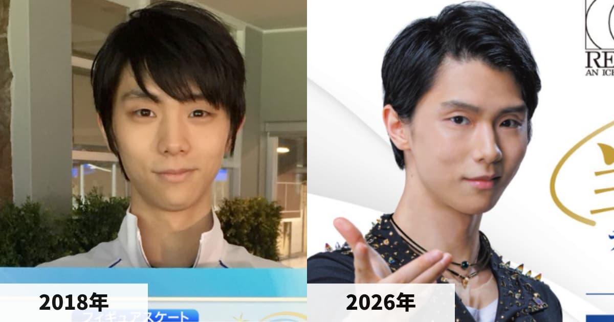 羽生結弦さんの2018年と2026年ファイテン広告の顔全体を並べた比較