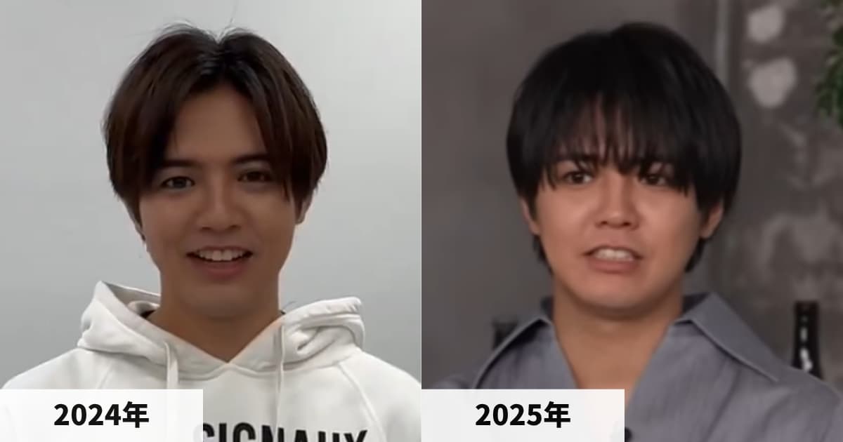 左は2024年11月公開のスタッフ公式X動画、右は2025年公開の対談動画に登場する片寄涼太さんの顔の比較