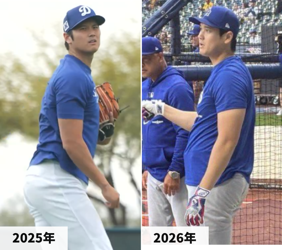2025年と2026年の大谷翔平選手の体型の比較画像